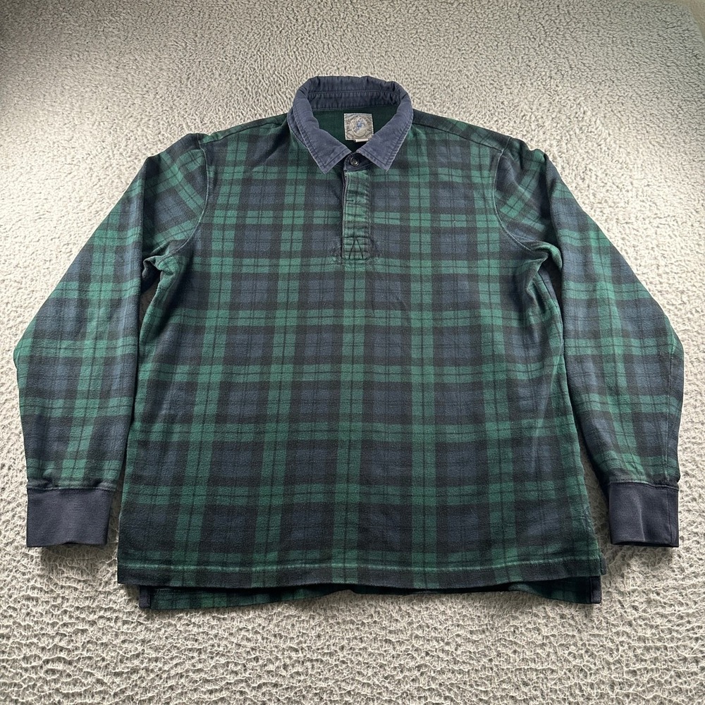Vtg Lands End Rugby Shirt Mens L Green Navy Tartan Plaid Long Sleeve Cotton 90's